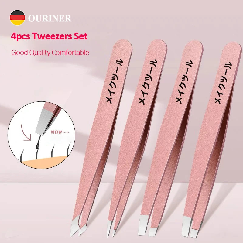 4PCS Precision Stainless Steel Tweezers For Eyebrow Hair Removal Splinter Blackhead Slant Tip Angle Pointed Ti 250716
