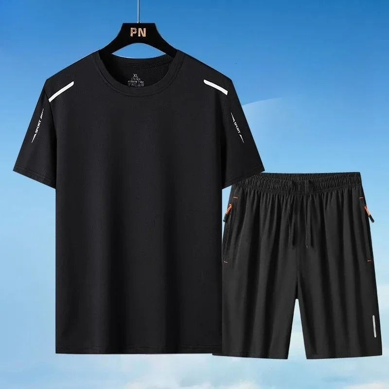 Ice Silk T-shirts Shorts Men Sports Suits Plain Summer Clothes Two-piece Set Korean Style 2025 Baggy Cool Elastic Man Sets 250715