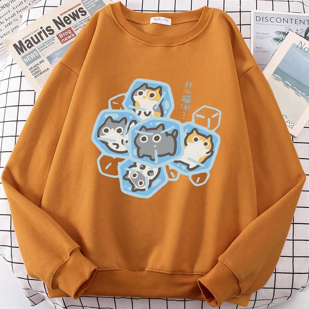 Ice Cat Fun Cartoons Cats Cute Print Sweatshirt Men Women Harajuku Crewneck Hoodie Autumn Prints Sportswear Hip Hop Loose Hoody XJ250714