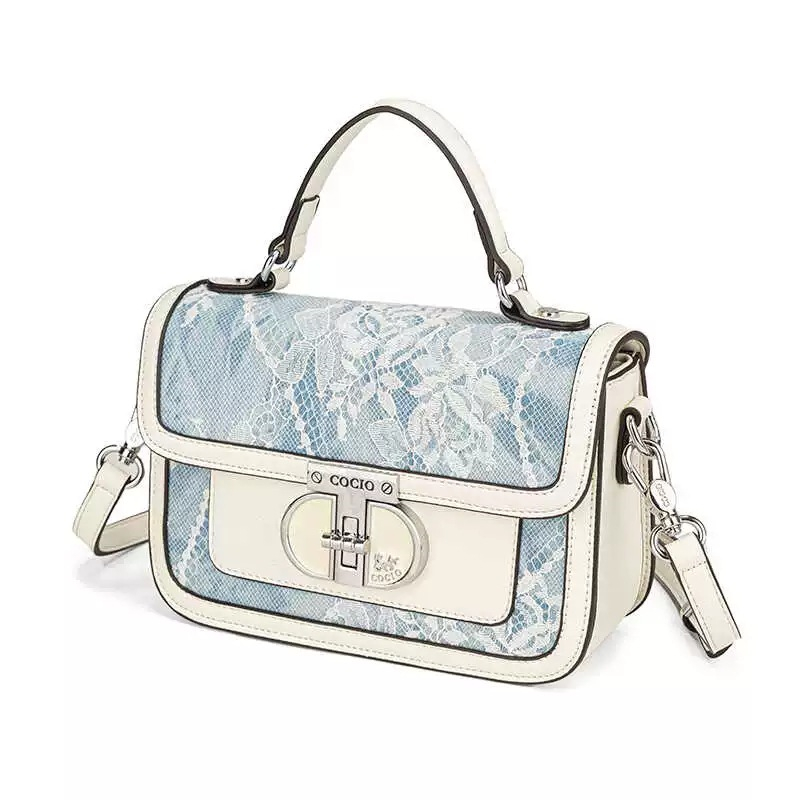 COCIO designer Shoulder Bags denim blue lace embroidered hand-held small square bag lock buckle fashionable leather crossbody shoulder bag