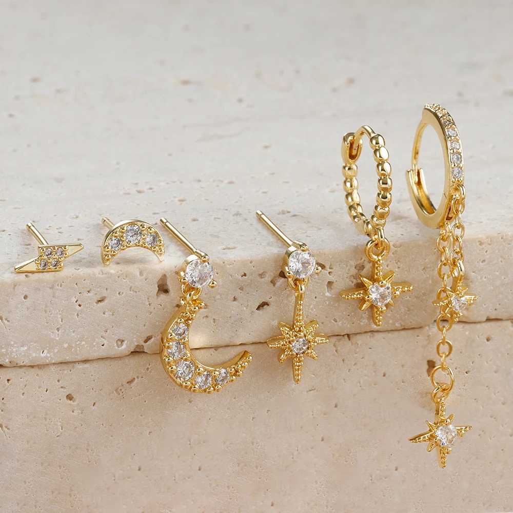 6PCS New Stainless Steel Chain Star Moon Hoop Earrings Set For Women Cubic Zirconia Pendant Cartilage Earring Piercing Jewelry X2507181
