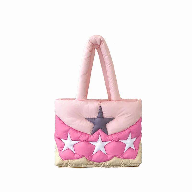 Shoulder Bags For Women Star Cute Quilted Tote Contast Color Pink And Purple Love High Capacity All Match Cotton Soft Fashion