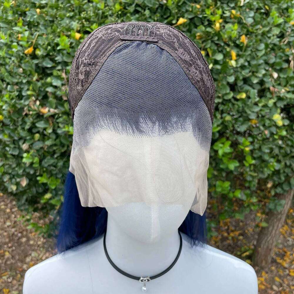 Dark Blue 13X4 Synthetic Front For Women 26 Inch Long Sliky Straight Lace Wigs Half Hand Tied 150% Density Glueless