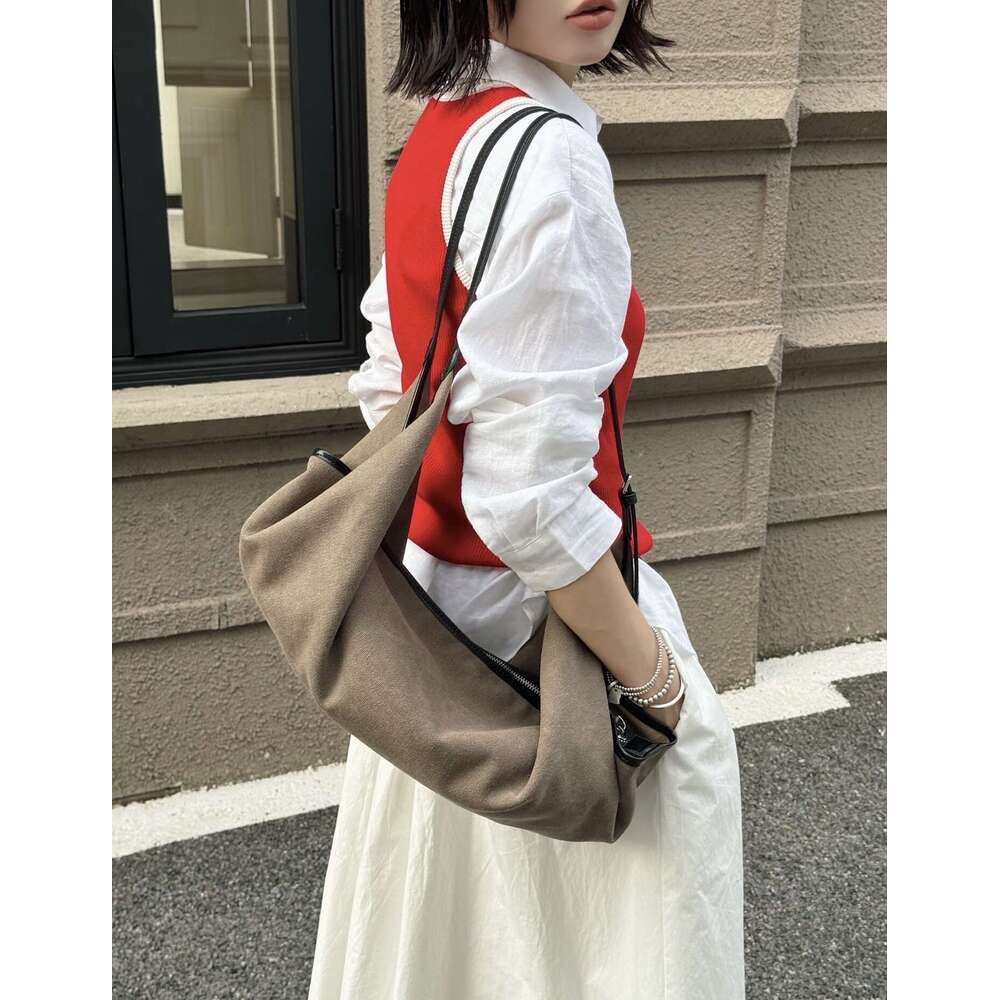 Lazy Style Vegetable-Tanned Suede Double-Handle Hobo Fashionable Single-Shoulder Crossbody Large Capacity Commuter Bag New Model