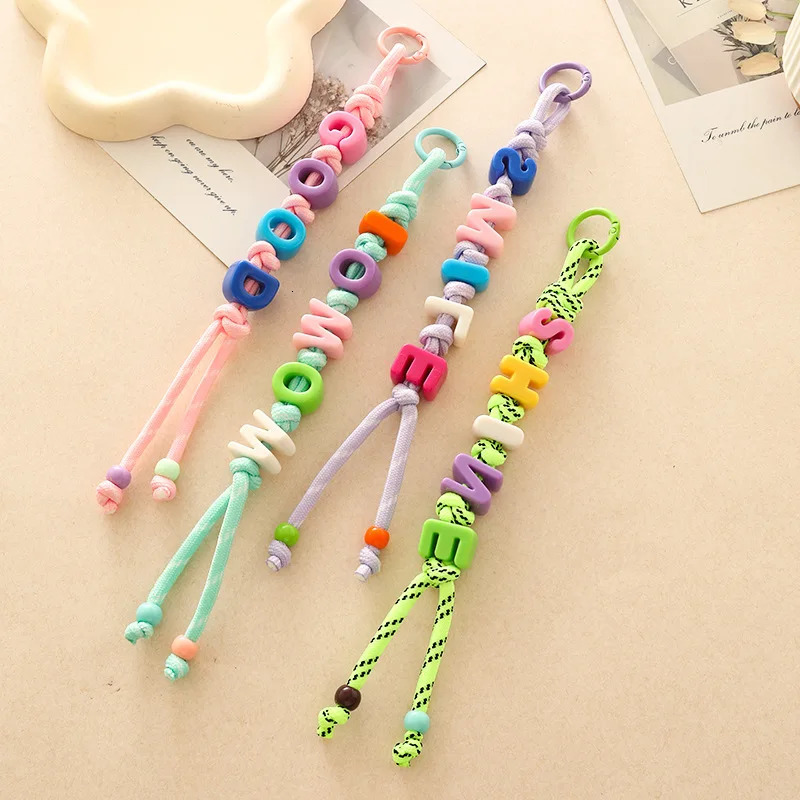 Dopamine Acrylic Beads Letter Colored Braided Rope Backpack Pendant Keychain Y2K Women Men Bag Car Beaded Keyring Accessories 250717