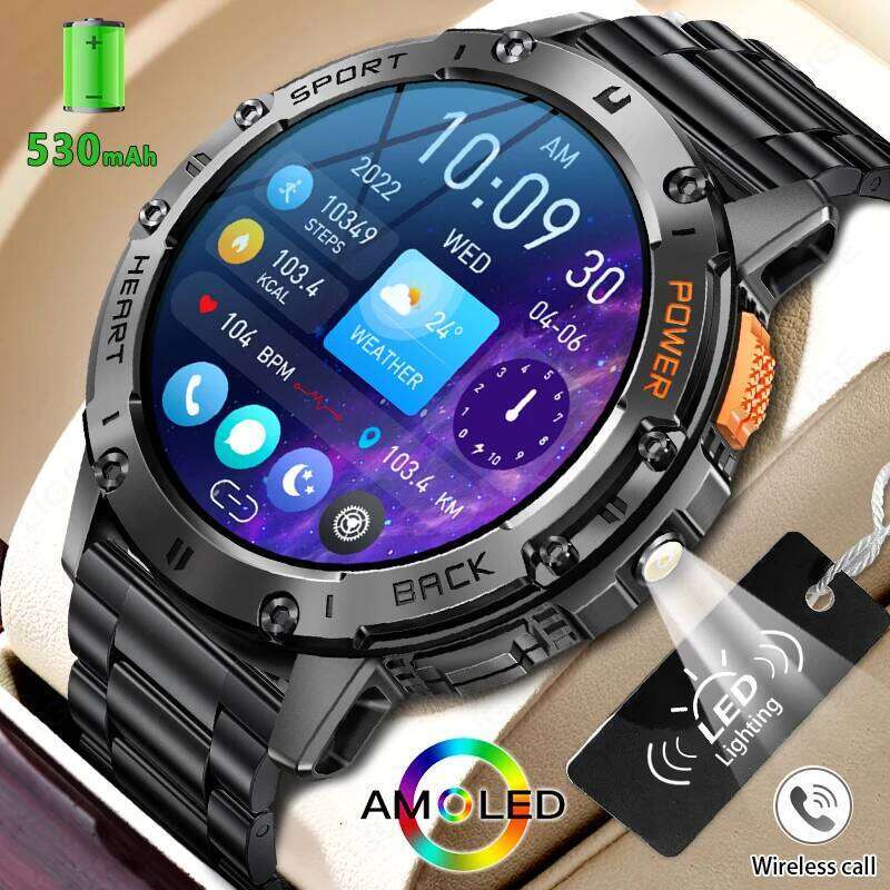 For Android ios New AMOLED Smart Watch Men with Flashlight Sports Waterproof Fiess Tracker Bluetooth Call Smartwatch Man+Box free shipping