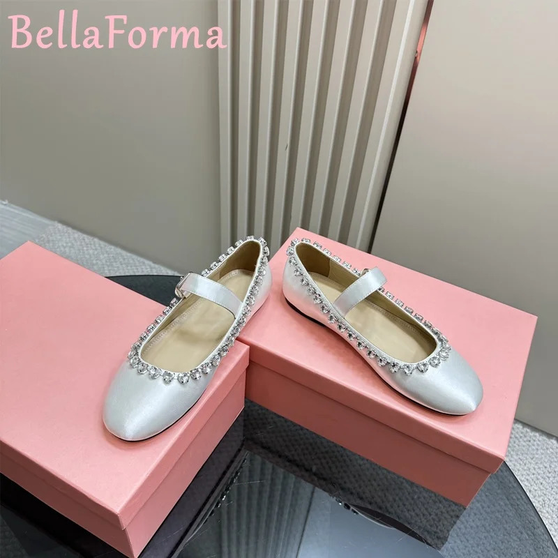 Ballet Style Round Toe Mary Jane Flats Rhinestones Light y Sweet Elegant Casual Silk Denim Sheepskin Onestrap Shoes 250717