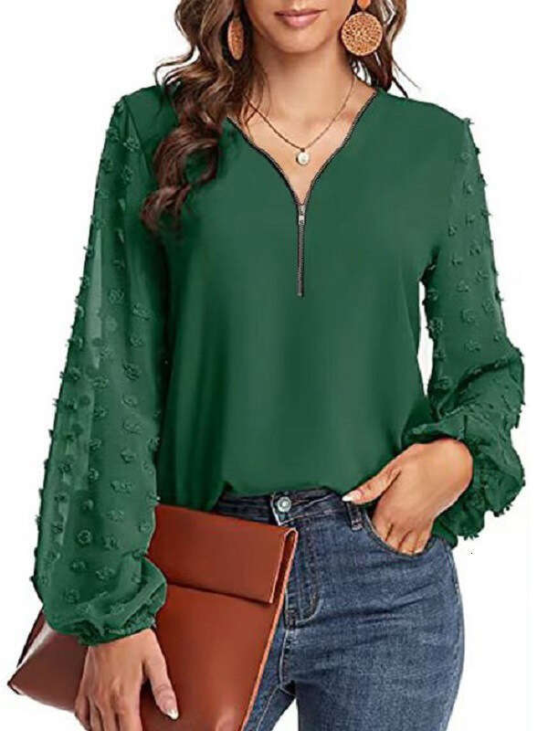 Autumn Women's Pullover V-Neck Zipper Patchwork Long Lantern Sleeve Solid Color Versatile Loose Fit B5