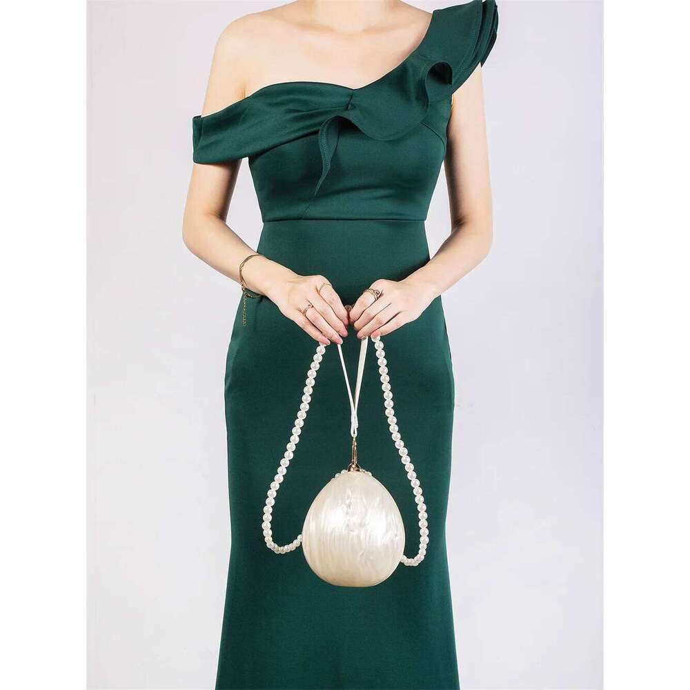 Pearl Oval Ball Beaded Long Chain Women Evening Box Bag Wedding Bridal Minaudiere Handbags Shell Purses Lady Party Clutch