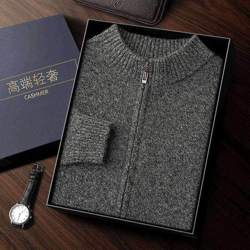 High-End Men 100% Sweater Mock-Neck Long Sleeve Zipper Cardigan Winter Thick Coat Smart Casual Cashmere Knitwear Tops