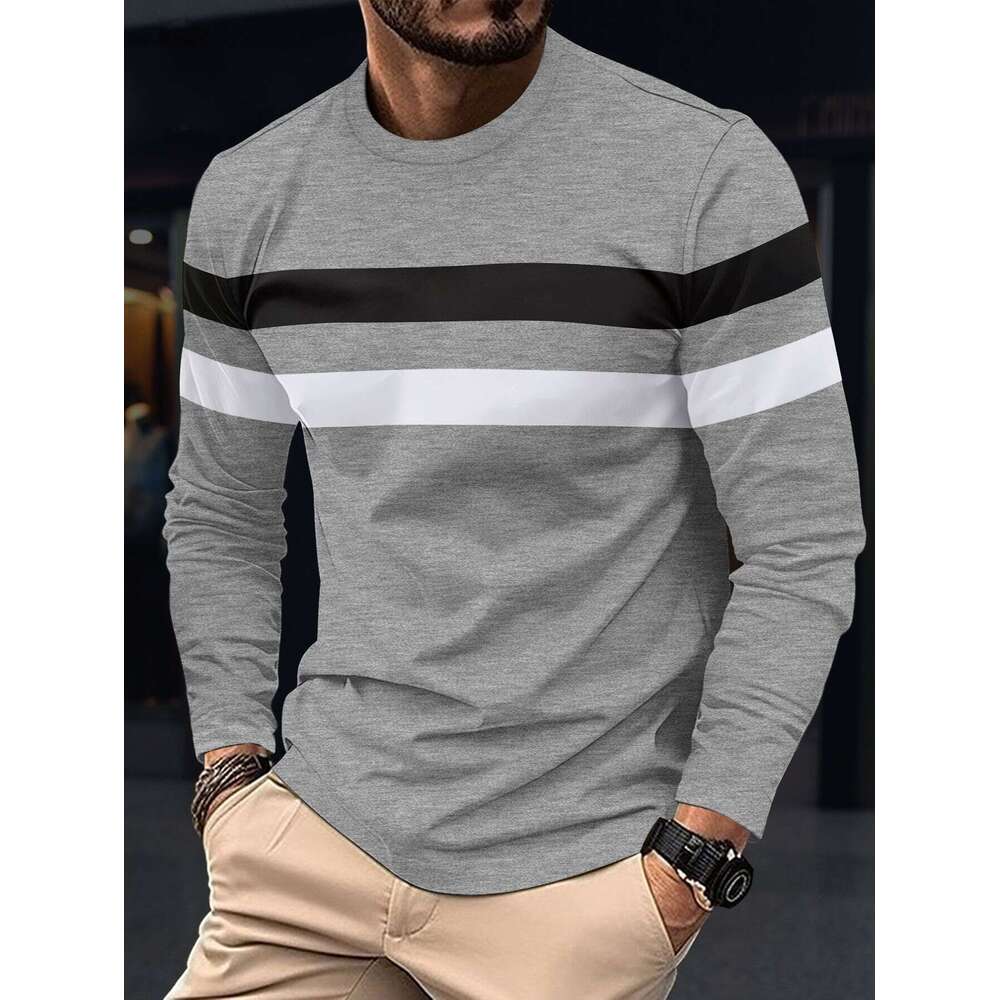 Spring And Autumn Men's Long Sleeve New Color Block T-Shirt Trendy Casual Sports Outerwear Crew Neck Base Shirt Top B5