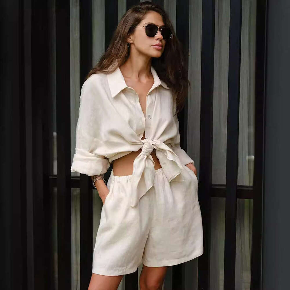 Summer New Women's Vacation Casual Loose Long Sleeve Shirt + Shorts Set B5
