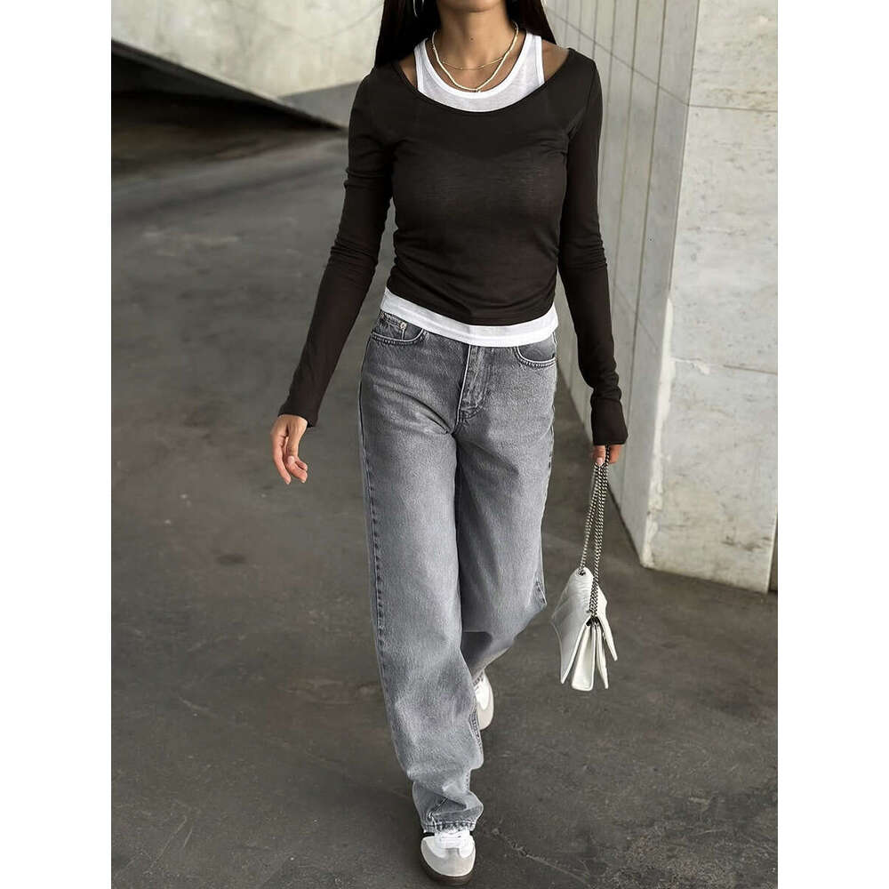 Color Block Fake Two-Piece Long Sleeve T-Shirt For Women Spring And Autumn Slimming Modal Layering Base Shirt B5