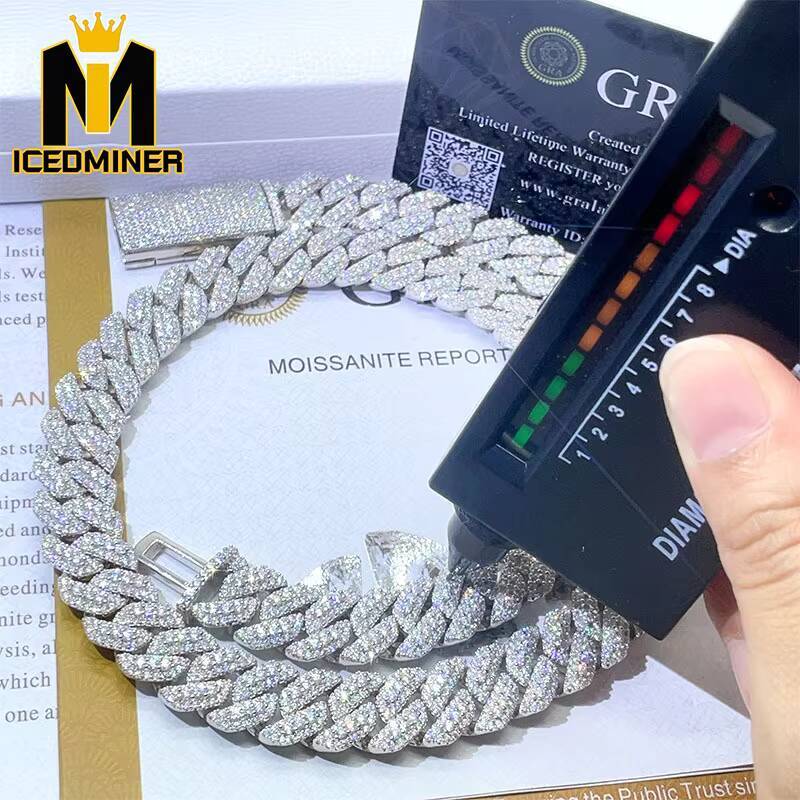 Moissanite 13mm Cuban Chain Link Necklaces Chain Hip Hop Jewelry Moissanite S925 Silver Cuban Chain Necklaces for Men Women