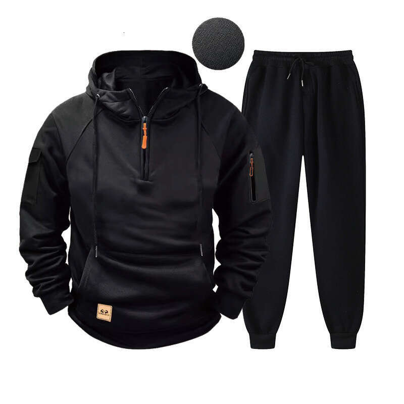 Zipper Pullover Sports Set Fashion Multi-Pocket Fleece Men's Hoodie Sweatpants B5