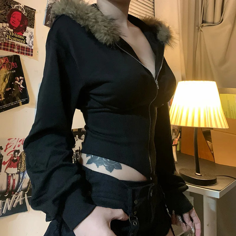 Goth Dark Autumn Winter Faux Fur Collar Solid Hooded Coats Women Casual Slim Waist Zip Hoodies Gothic Jackets Chic Streetwear 250717