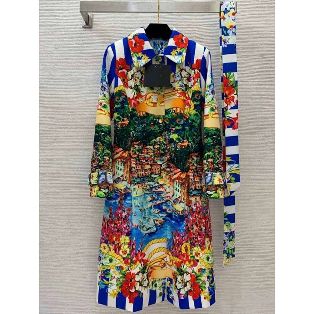 Fashion Ladies Printed Lapel Long-Sleeved Belt Windbreaker Coat Spring And Autumn New Single-Breasted Retro Joker Dress