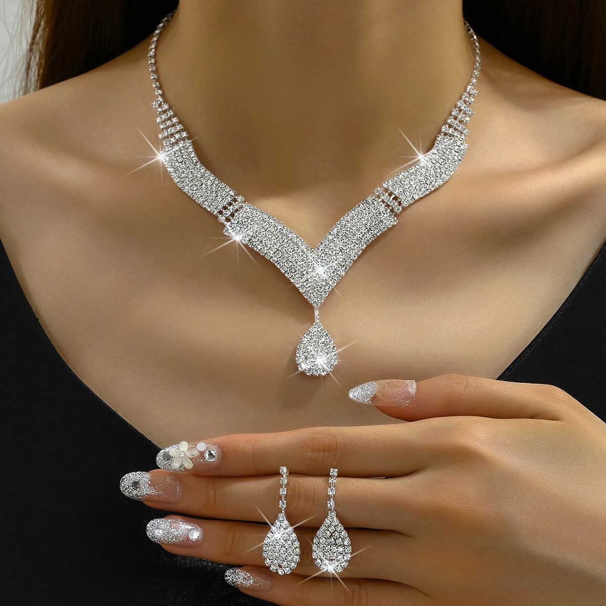 3pcs fashionable rhinestones water droplets necklaces earrings jewelry sets wedding accessories 250715