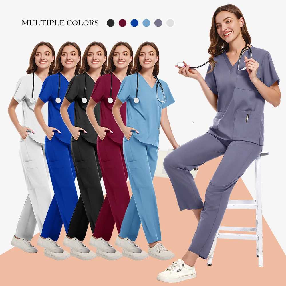 Surgical Set Women Pet Hospital Scrub Uniforms Suits Unisex Solid Color Surgical Gown Pocket V-neck Jogger Suits Wholesale Price Z250718