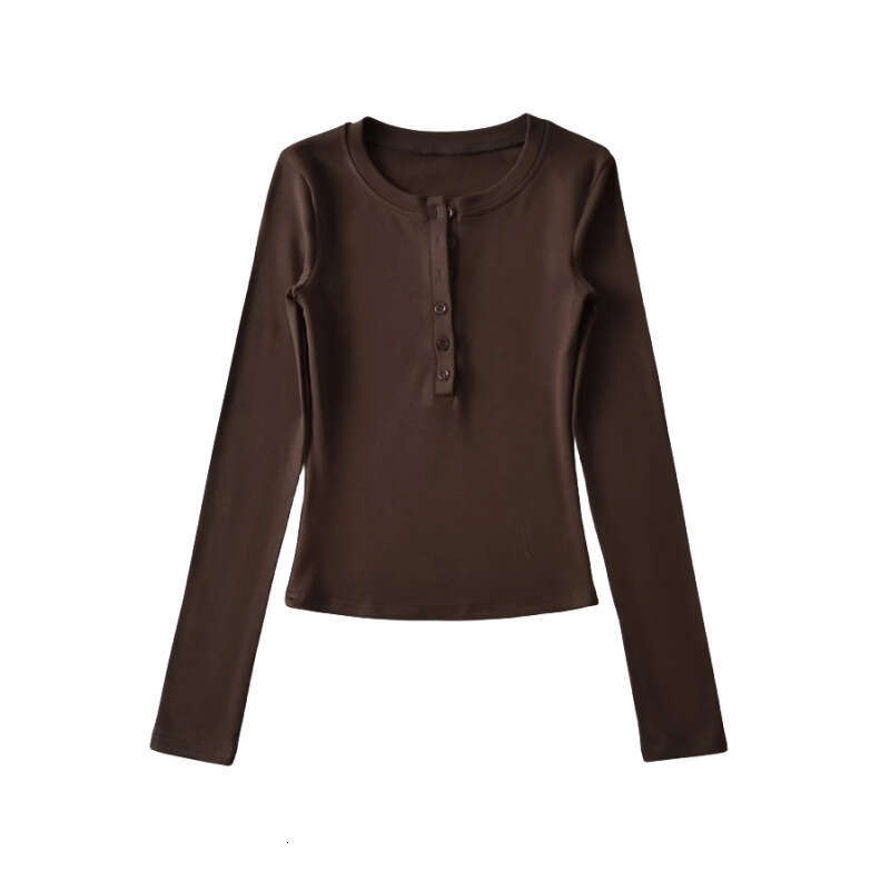 Autumn Winter New Half Open Button Round Neck Long Sleeve Base Shirt For Women Basic Simple Elastic Slim Fit Fleece T-Shirt Top B5