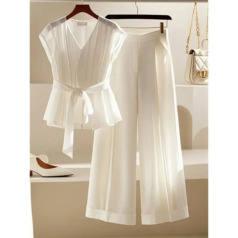 Summer Fashion French Style V-neck Lace up Slim Blouse Top StylishThin Wide Leg Pants White Two Piece Sets Women Outfits 250714