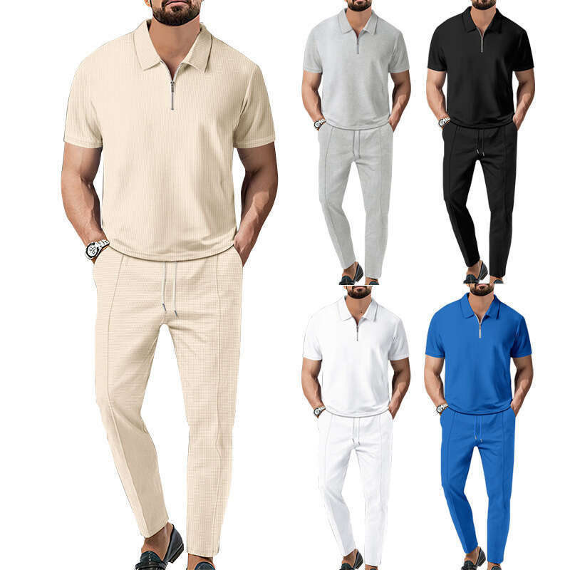New Men's Solid Color Suit Spring Summer Autumn Waffle Collar Short Sleeve Zipper Long Pants Set B5