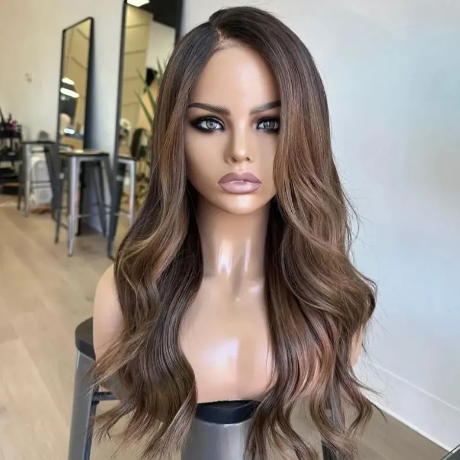 36 Inch HD Highlight Chocolate Brown Body Wave Lace Front Human Hair Wig Brazilian 13x4 Lace Frontal Wigs Preplucked 200 Density Synthetic Wig