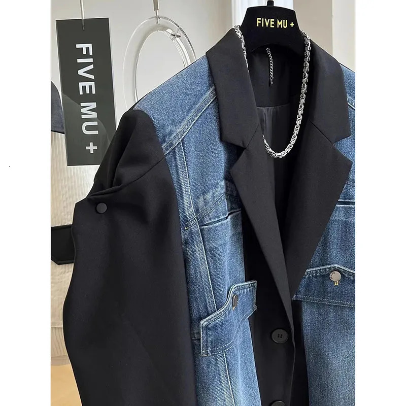 2025 Fashion Spring Autumn Denim Splicing Blazer Womens Korean Long Sleeve Casual Elegant Ladies Suit Female Outerwear Tops 250715