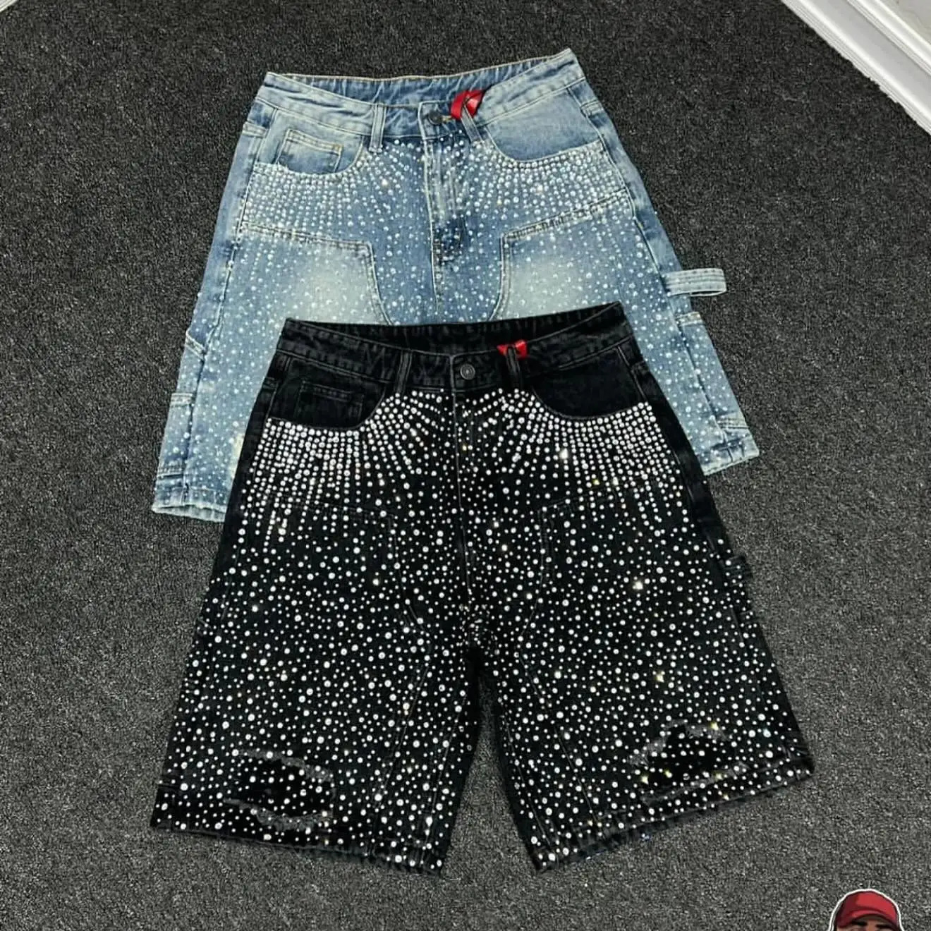 Streetwear Retro Black Starry Rhinestone Sequin Denim Shorts Y2K Jeans Men Women Hip Hop Washed Baggy Over The Knee Pants 250717