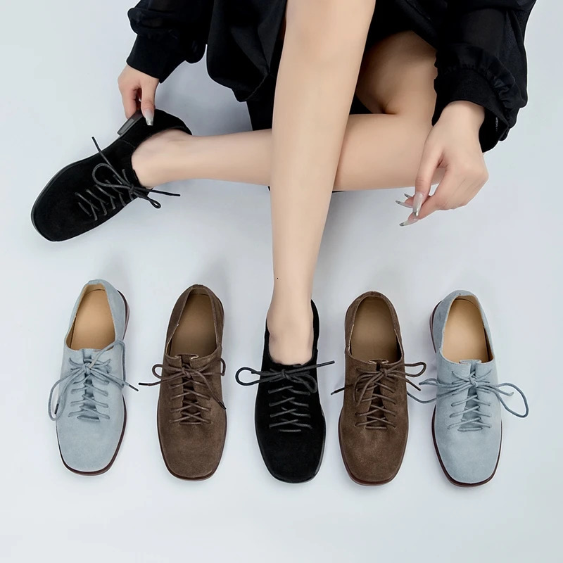 Women Loafer Lace-up 2025 Spring Shoes Women Suede Genuine Leather Women Oxford Shoes Large Size British Style Women Shoes 250717