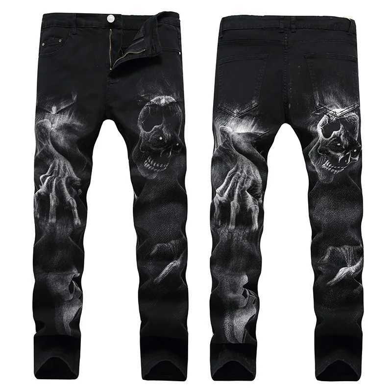 2025 Dark Streetwear Skull Print Punk Stretch Slim Y2K Jeans Pants For Men Clothing Hip Hop Cotton Long Trousers Mens Clothing X250718