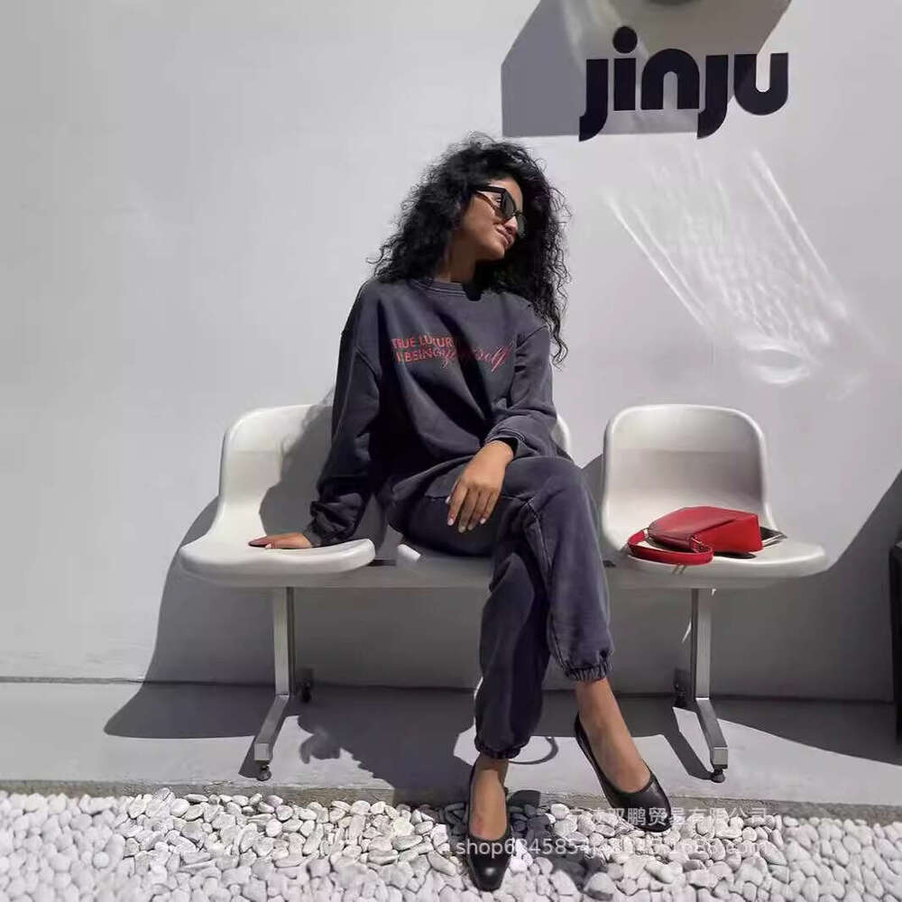 25 Autumn Winter New Pure Cotton Printed Vintage Top + Pants Simple Letter Loose Knitted Sweatshirt Set B5