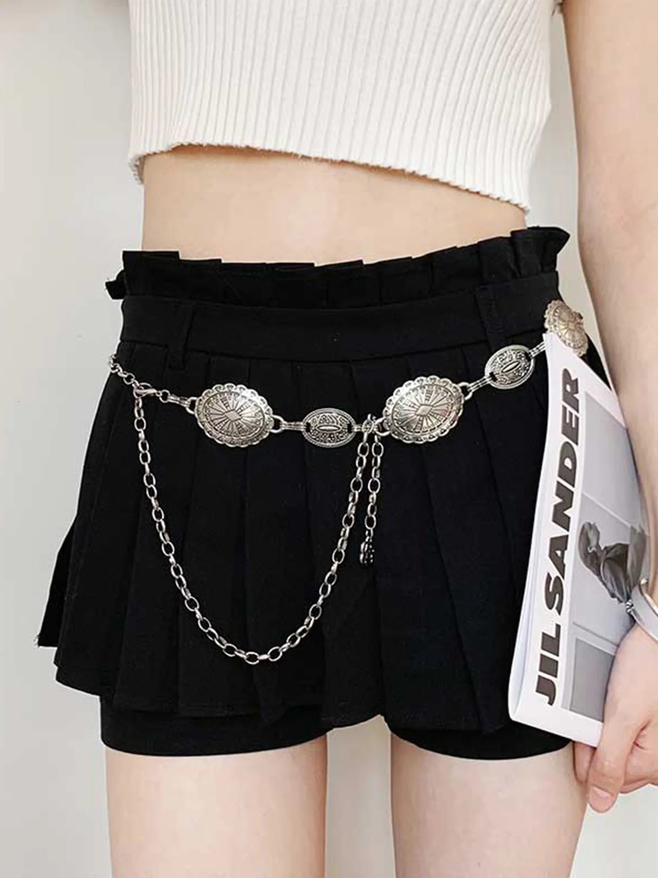 1 piece set of waist chain accessories for womens retro Bohemian ethnic style high-end silver metal chain belt with skirt belt 250715