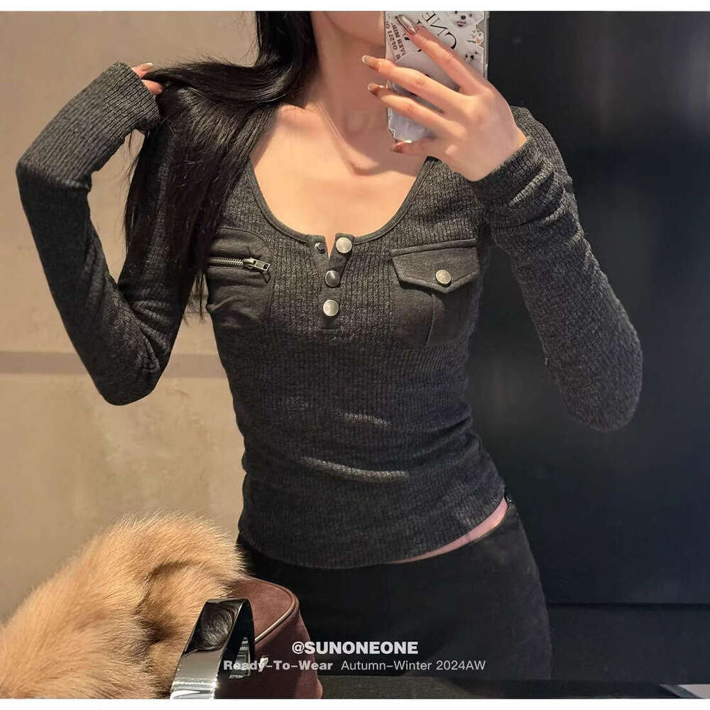 American Style Spliced Base Shirt For Women, Autumn And Winter Inner Wear, Pocket Detail, Slim Fit Long Sleeve Slimming Knitted Top B5 g7