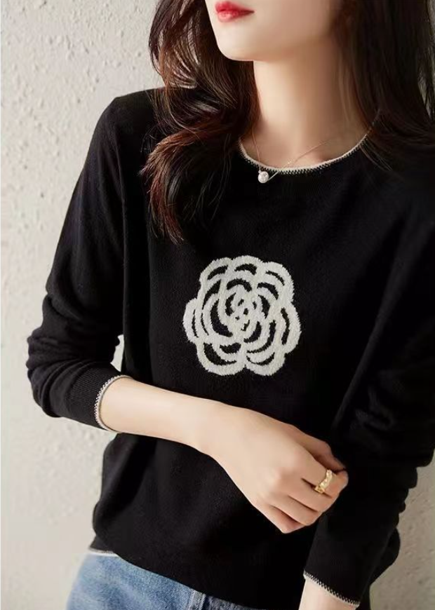 Womens Romantic Knitted Pullover Top Flower Simple Colorful Craft Work Sweater Girlish Casual Loose Fit Blouse 250718