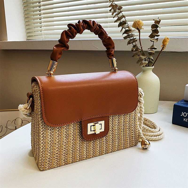 Straw Beach Bag for Women 2021 Summer Pleated Handle Designer Bag Contrast Color Crossbody Purse and Handbag Lady Bolsos Z250718