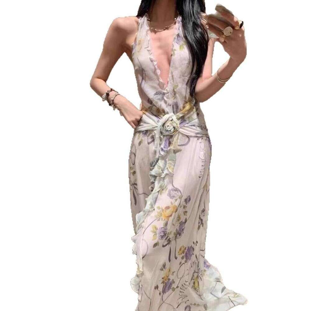 Vietnam Niche Elegant Temperament Halter Backless For Women V-Neck Floral Ruched Three-Dimensional Flower Long Dress B5