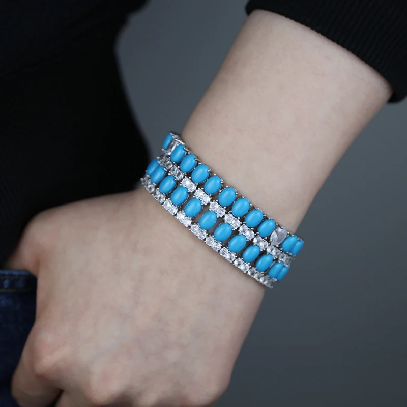 Fashion Jewelry Turquoise Blue Double Row White CZ Stone Tennis Bracelet for Women with Platinum Plated Color Chain 17cm 19cm 250717