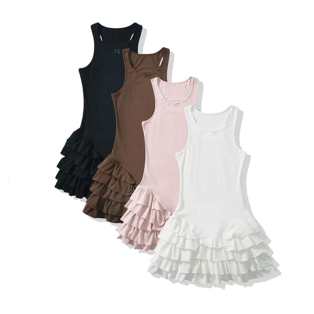 American Style Sexy Hot Girl Bow Sleeveless Underskirt Cake Short Sweet Internet Celebrity Patchwork Mini Tank Top Skirt B5