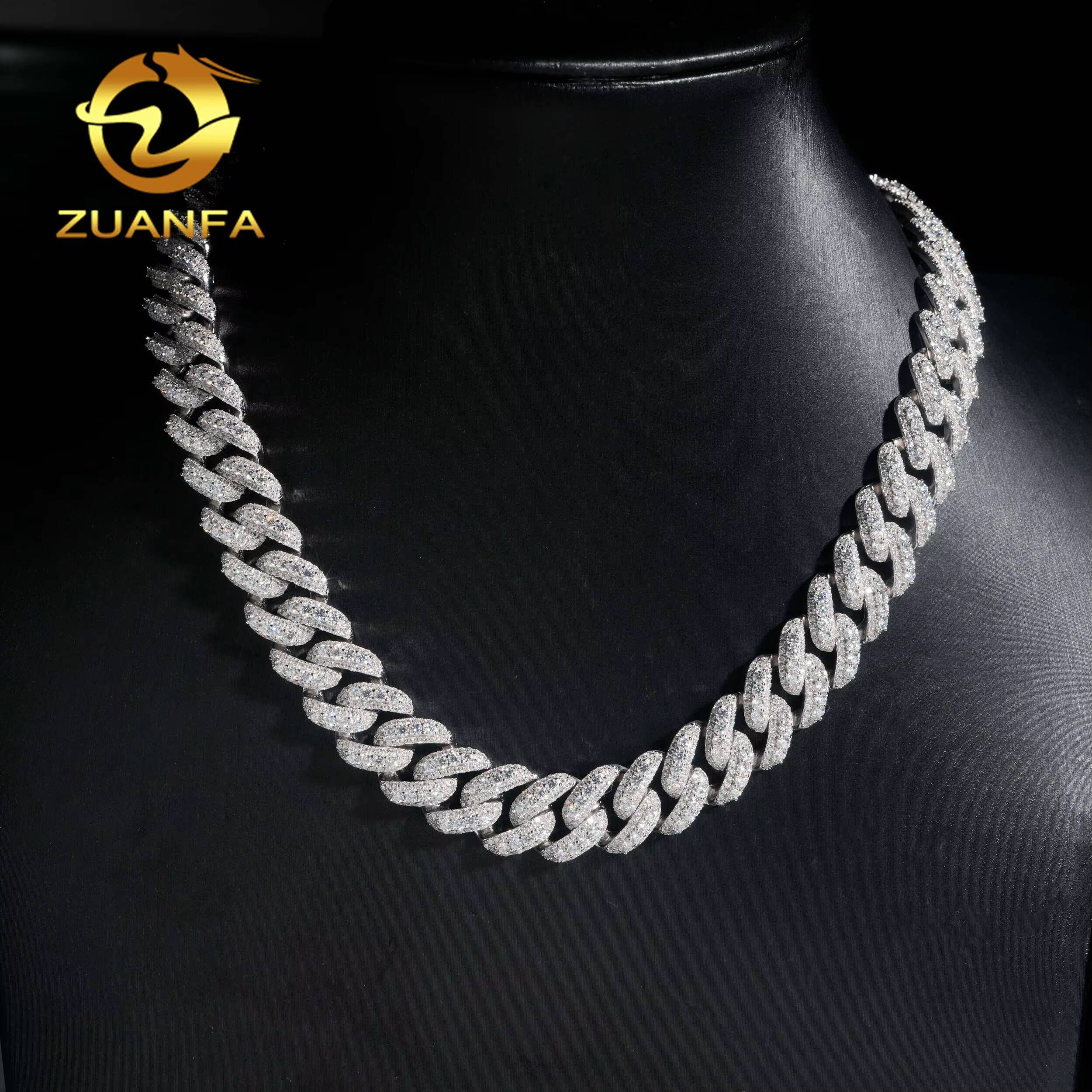 Wuzhou Zuanfa Cuban Chain Expert Direct Sale PROMOTION 15mm Cuban Links Moissanite Chain Moon Shape 3 Row Pass Diamond Tester