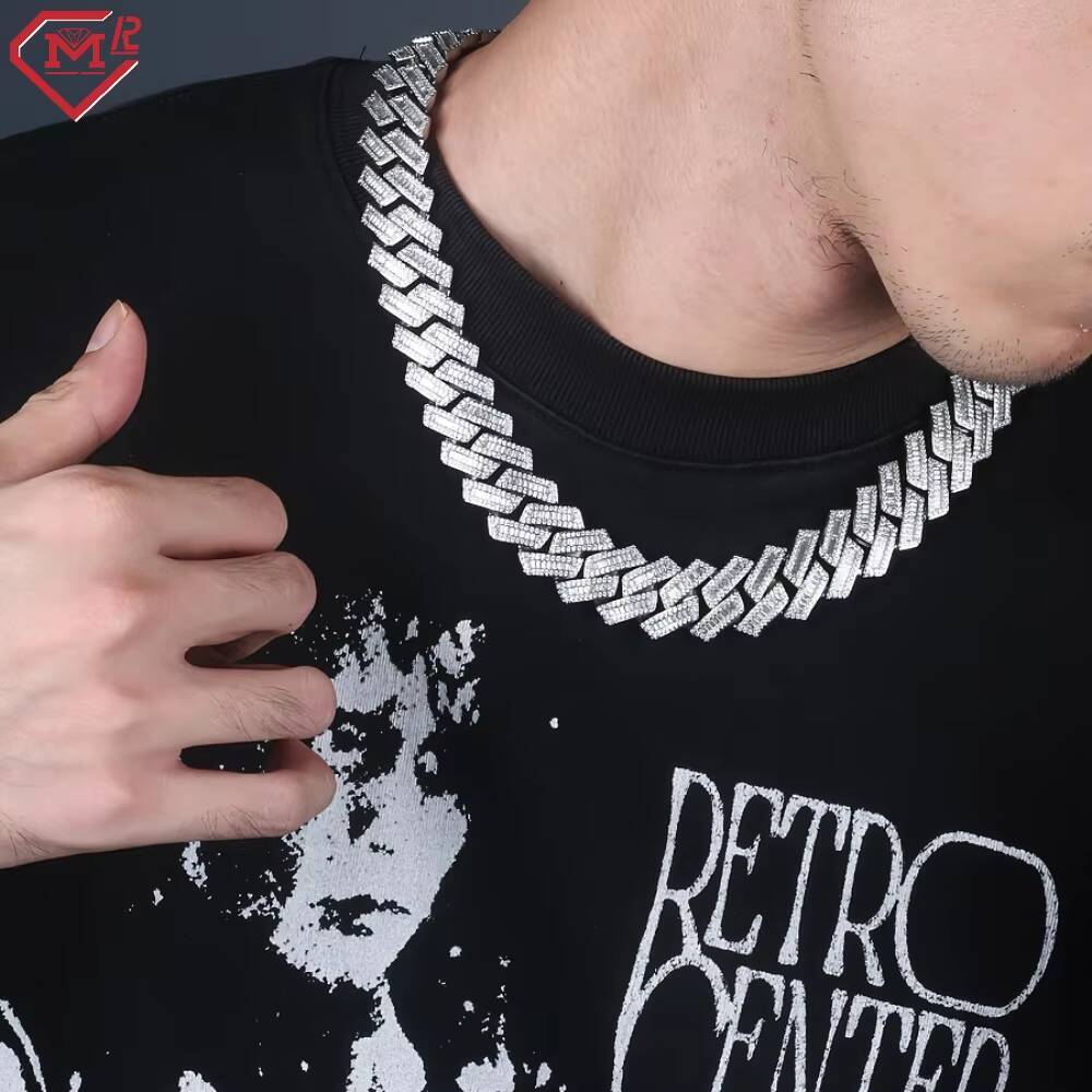 Blingbling Hiphop 12mm 15mm Cuban Chain Rectangular Baguette 925 Silver Iced Out Moissanite Cuban Link Chain