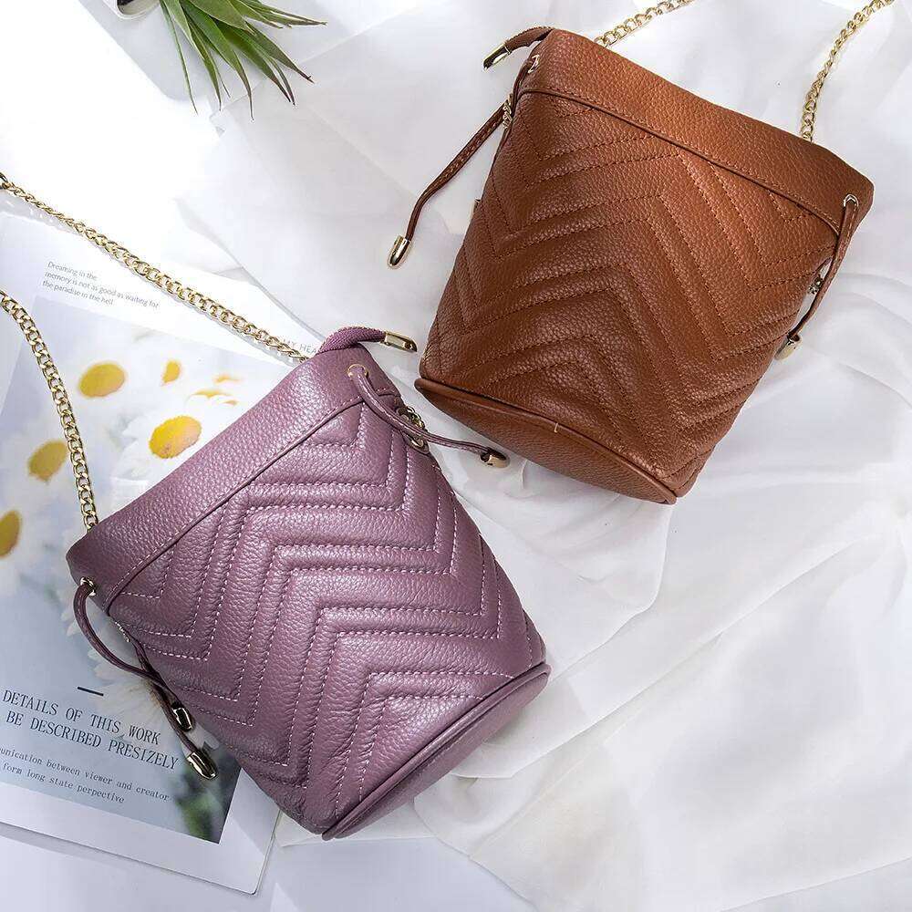 2025 New Genuine Top Grain Leather Women's - Chic Chain Strap, Striped Embroidery Soft Small Bucket Shoulder & Crossbody Bag