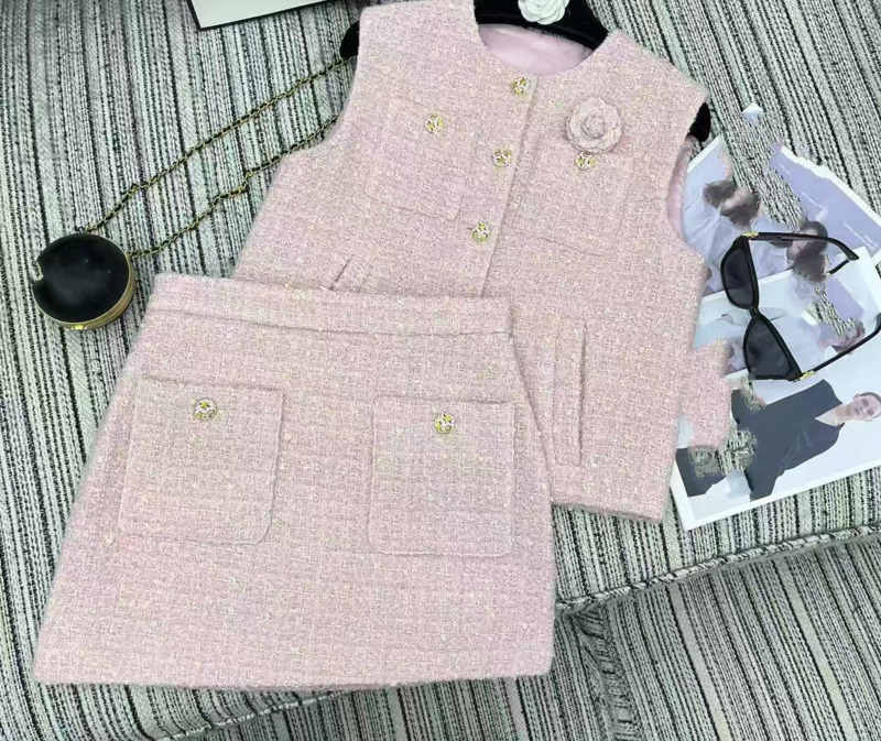 Summer Small tweed Round Neck Sleeveless Vest High Waist Slim Short Skirt Fashion Set 250718