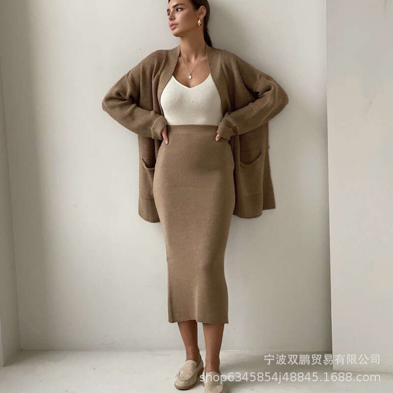 Women's Set Autumn Winter New Loose Cardigan With Belt High Waist Skirt Fashion Knitted Sweater B5