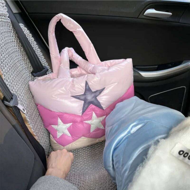 Shoulder Bags For Women Star Cute Quilted Tote Contast Color Pink And Purple Love High Capacity All Match Cotton Soft Fashion