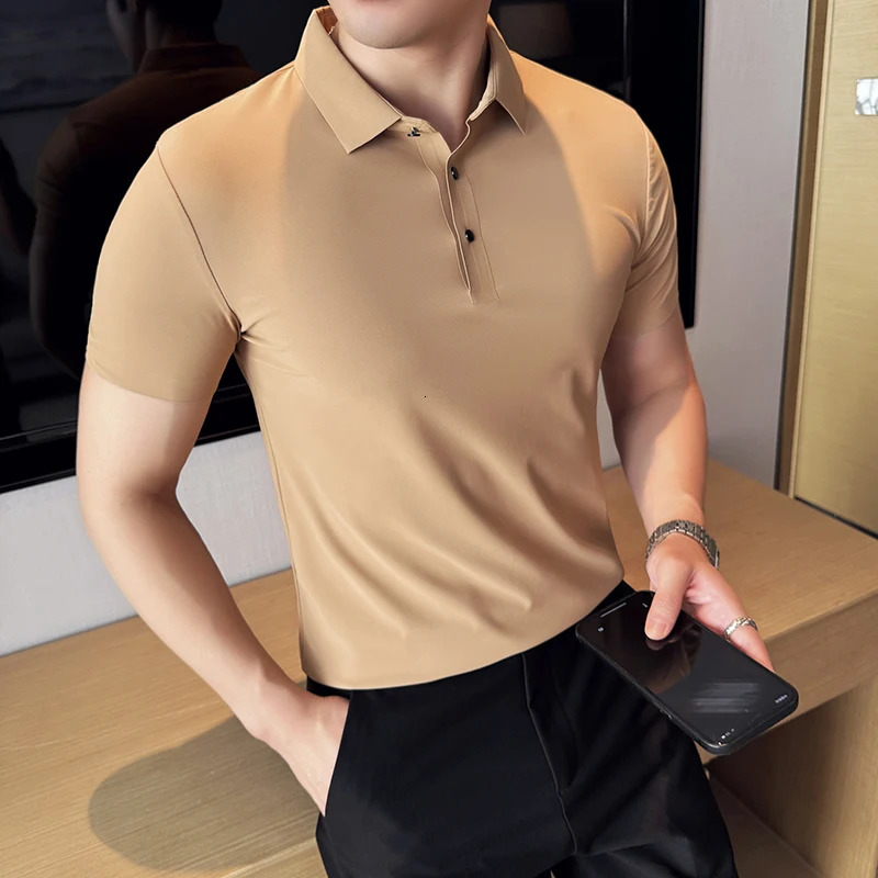 Ice Silk High Elastic Seamless T-shirt Summer Thin Polo Shirt Solid Color Polo Collar Short Sleeve Brown Top Business Leisure 250715