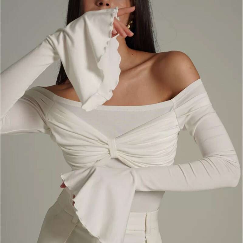 New Women Off-Shoulder Bow Long Ruffled Bell Sleeve Solid Color Simple Style Top B5