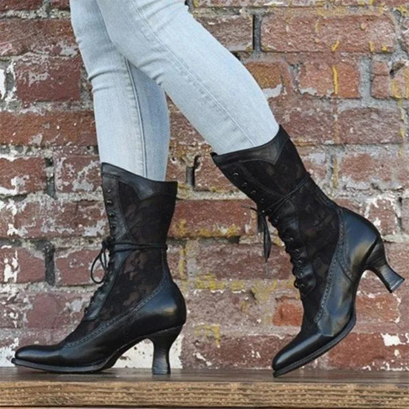 Vintage Womens Ankle Boots Victorian Pointed Toe Mid-Calf Boots for women elegant Pu Lace Up boot Spliced Ladies High Heel Shoe 250717