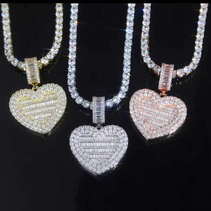 Vvs Iced Out Moissanite Pendant Custom Heart Baguette Hiphop Charm 925 Silver Moissanite Pendant