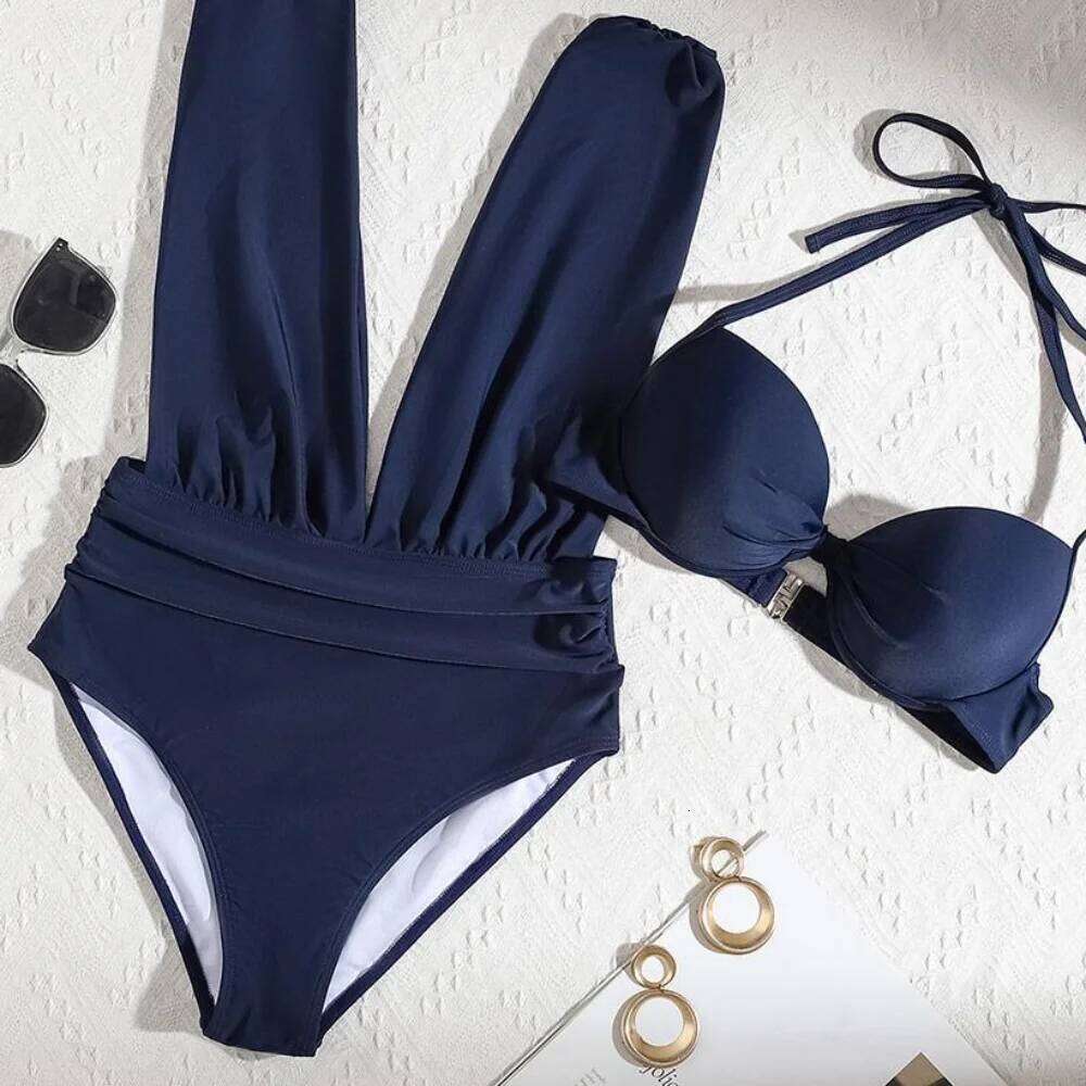 Solid Push Up One Piece Swimsuit with Underwire Bra Sexy Bathing Brazilian Plunge Swimming Suit for Women